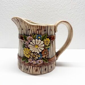Vintage 80s Atlantic Mold Floral Hand Painted Ceramic Pitcher Vase